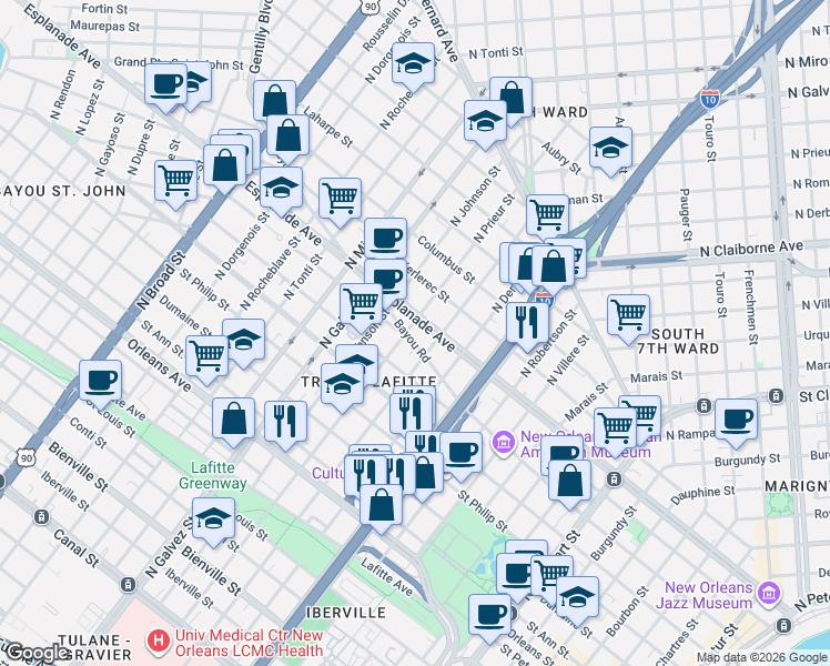 map of restaurants, bars, coffee shops, grocery stores, and more near 1216 North Prieur Street in New Orleans