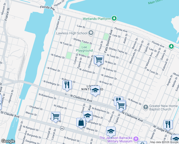map of restaurants, bars, coffee shops, grocery stores, and more near 5429 North Prieur Street in New Orleans