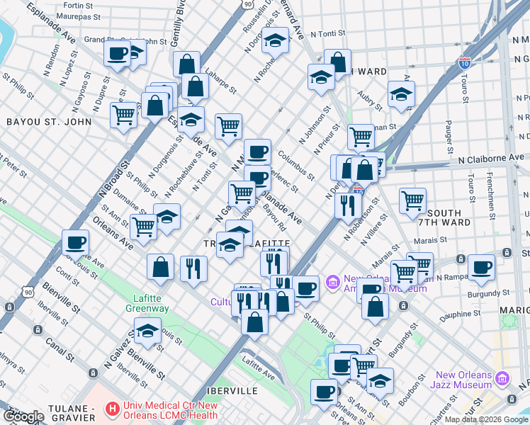 map of restaurants, bars, coffee shops, grocery stores, and more near 1216 North Prieur Street in New Orleans