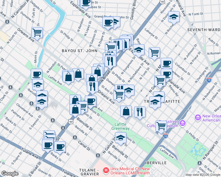 map of restaurants, bars, coffee shops, grocery stores, and more near 2549 Orleans Avenue in New Orleans