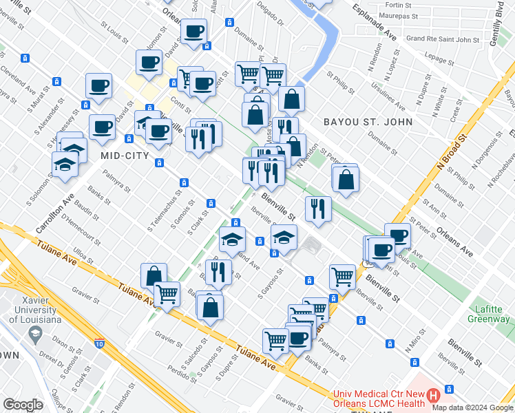 map of restaurants, bars, coffee shops, grocery stores, and more near 3309 Canal Street in New Orleans