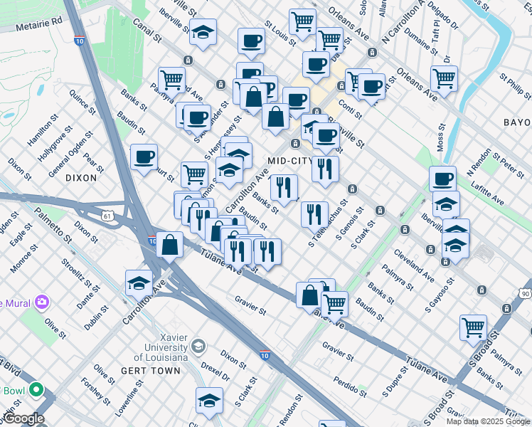 map of restaurants, bars, coffee shops, grocery stores, and more near 3917 Baudin Street in New Orleans