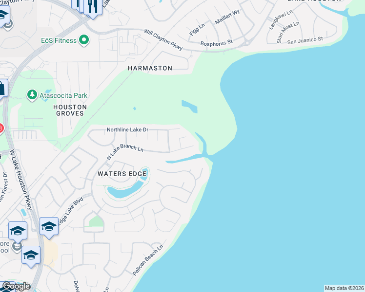 map of restaurants, bars, coffee shops, grocery stores, and more near 14112 North Lake Branch Lane in Houston