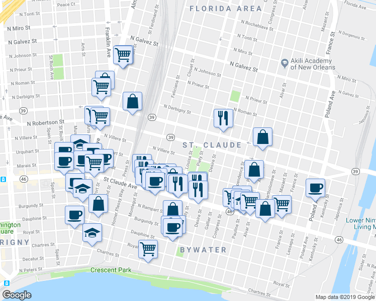 map of restaurants, bars, coffee shops, grocery stores, and more near 1418 Louisa Street in New Orleans
