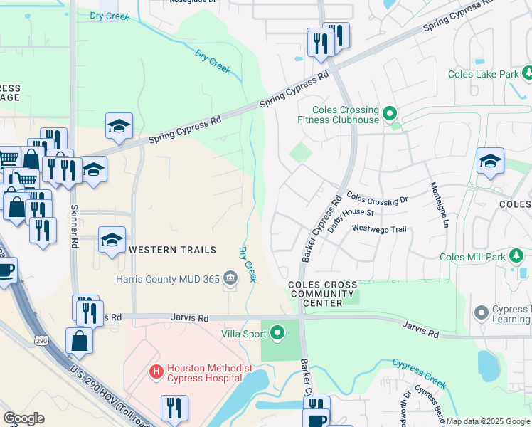 map of restaurants, bars, coffee shops, grocery stores, and more near 13407 Far Point Manor Court in Cypress