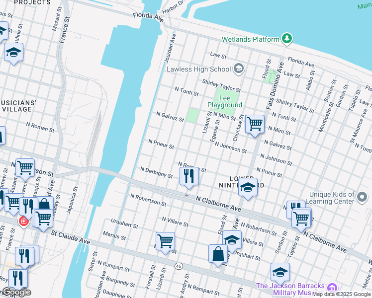 map of restaurants, bars, coffee shops, grocery stores, and more near 5019 North Prieur Street in New Orleans
