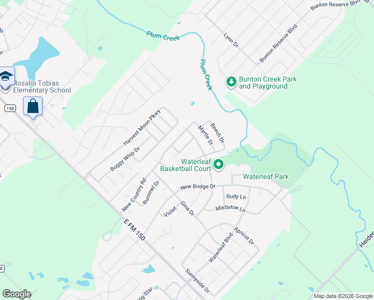 map of restaurants, bars, coffee shops, grocery stores, and more near 177 Karrie Drive in Kyle