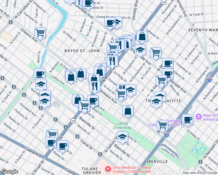 map of restaurants, bars, coffee shops, grocery stores, and more near 2630 Dumaine Street in New Orleans