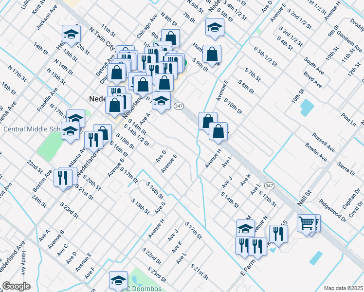 map of restaurants, bars, coffee shops, grocery stores, and more near 612 South 13th Street in Nederland
