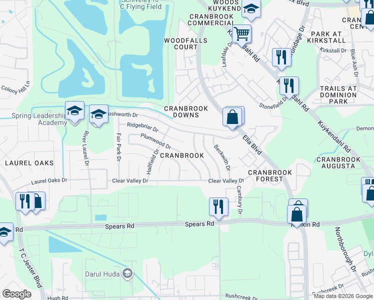 map of restaurants, bars, coffee shops, grocery stores, and more near 13955 Dentwood Drive in Houston