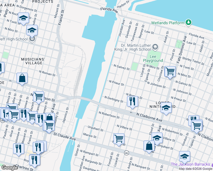 map of restaurants, bars, coffee shops, grocery stores, and more near 1815 Jourdan Avenue in New Orleans