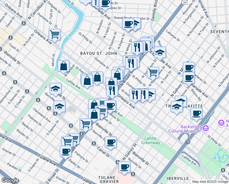 map of restaurants, bars, coffee shops, grocery stores, and more near 711 North Broad Street in New Orleans