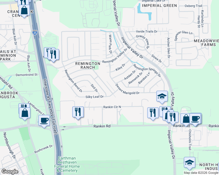 map of restaurants, bars, coffee shops, grocery stores, and more near 18911 Desert Marigold Drive in Houston