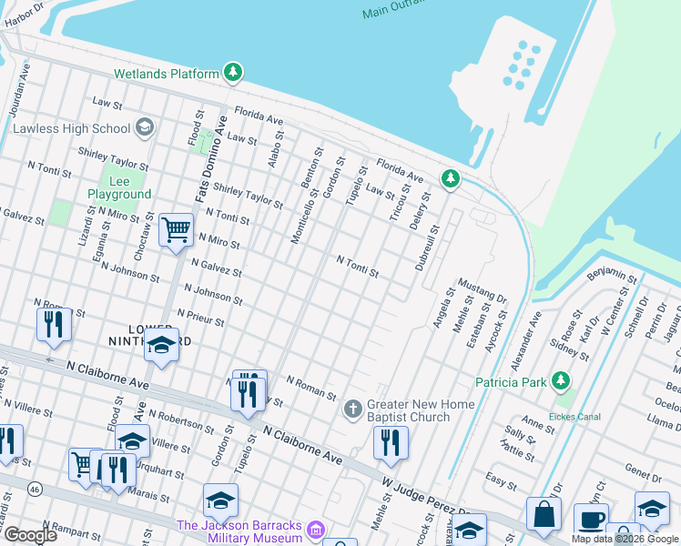 map of restaurants, bars, coffee shops, grocery stores, and more near 2304 Saint Maurice Avenue in New Orleans