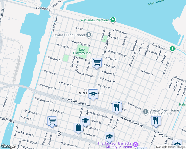 map of restaurants, bars, coffee shops, grocery stores, and more near 2039 Flood Street in New Orleans
