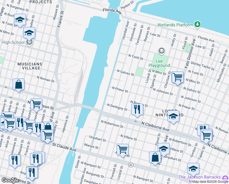 map of restaurants, bars, coffee shops, grocery stores, and more near 1911 Deslonde Street in New Orleans