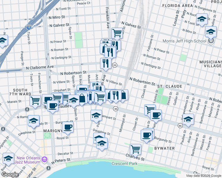 map of restaurants, bars, coffee shops, grocery stores, and more near 2712 North Villere Street in New Orleans