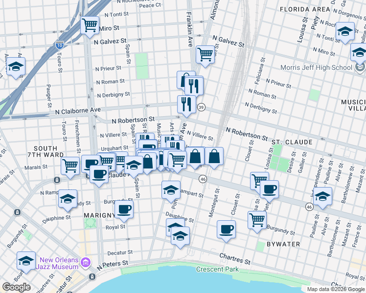 map of restaurants, bars, coffee shops, grocery stores, and more near 1329 Franklin Avenue in New Orleans