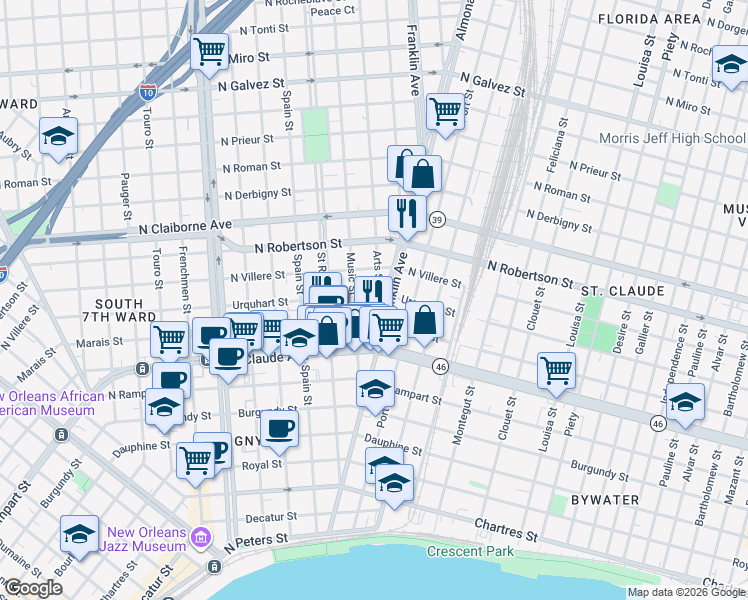 map of restaurants, bars, coffee shops, grocery stores, and more near 1323 Music Street in New Orleans