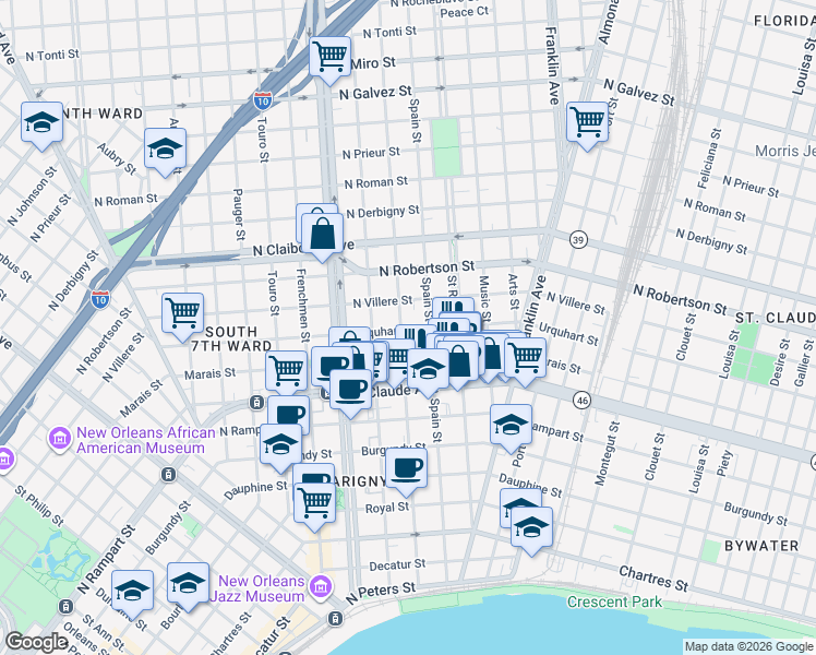 map of restaurants, bars, coffee shops, grocery stores, and more near 2318 North Villere Street in New Orleans