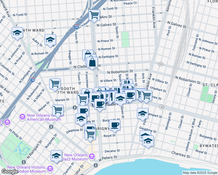 map of restaurants, bars, coffee shops, grocery stores, and more near in New Orleans