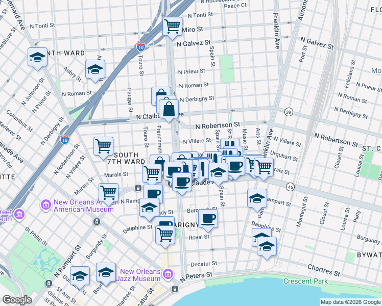 map of restaurants, bars, coffee shops, grocery stores, and more near in New Orleans