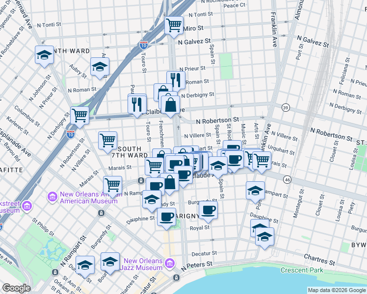 map of restaurants, bars, coffee shops, grocery stores, and more near in New Orleans
