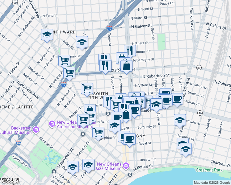 map of restaurants, bars, coffee shops, grocery stores, and more near 1400 Frenchmen Street in New Orleans