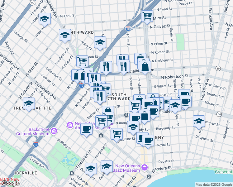 map of restaurants, bars, coffee shops, grocery stores, and more near 1813 North Villere Street in New Orleans