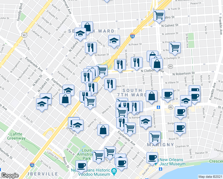 map of restaurants, bars, coffee shops, grocery stores, and more near 1415 Saint Bernard Avenue in New Orleans