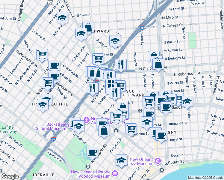 map of restaurants, bars, coffee shops, grocery stores, and more near 1415 Saint Bernard Avenue in New Orleans