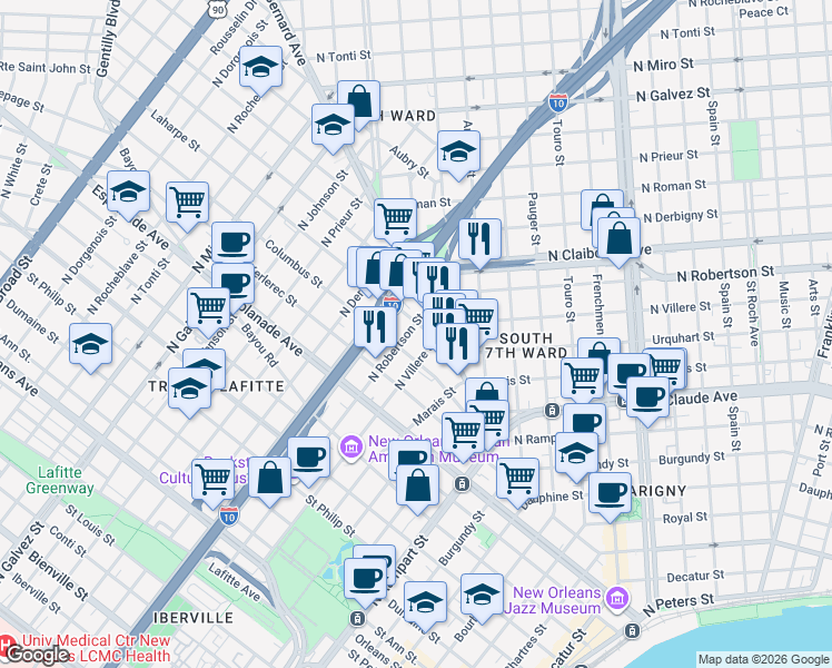 map of restaurants, bars, coffee shops, grocery stores, and more near 1540 North Claiborne Avenue in New Orleans