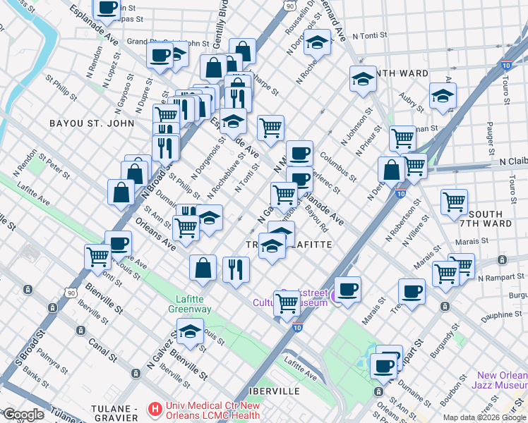map of restaurants, bars, coffee shops, grocery stores, and more near 2232 Governor Nicholls Street in New Orleans