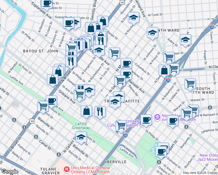 map of restaurants, bars, coffee shops, grocery stores, and more near 2232 Governor Nicholls Street in New Orleans