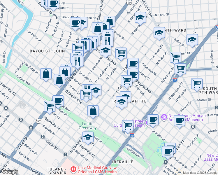 map of restaurants, bars, coffee shops, grocery stores, and more near 2339 Ursulines Avenue in New Orleans
