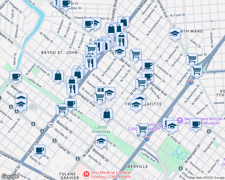 map of restaurants, bars, coffee shops, grocery stores, and more near 1010 North Rocheblave Street in New Orleans