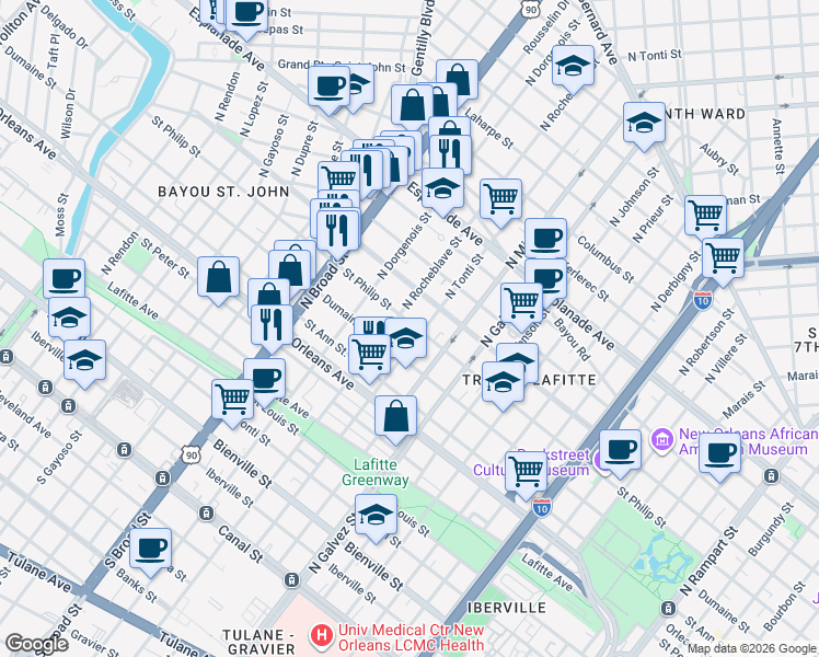 map of restaurants, bars, coffee shops, grocery stores, and more near 1010 North Rocheblave Street in New Orleans