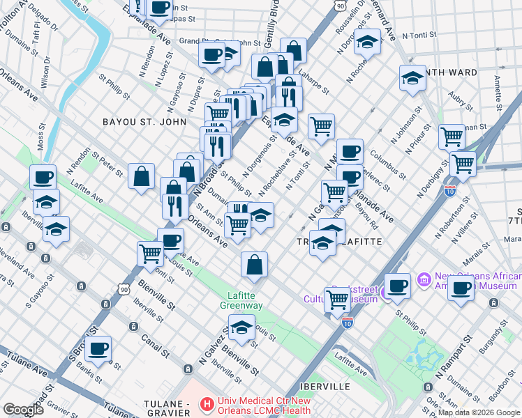 map of restaurants, bars, coffee shops, grocery stores, and more near 1010 North Rocheblave Street in New Orleans