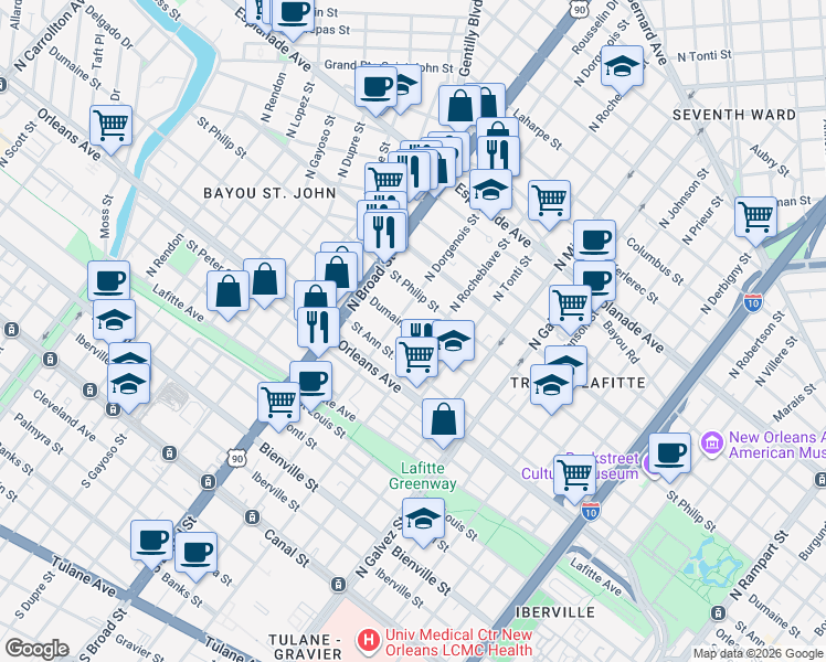 map of restaurants, bars, coffee shops, grocery stores, and more near in New Orleans