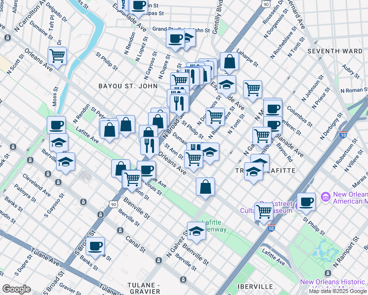 map of restaurants, bars, coffee shops, grocery stores, and more near 2630 Dumaine Street in New Orleans