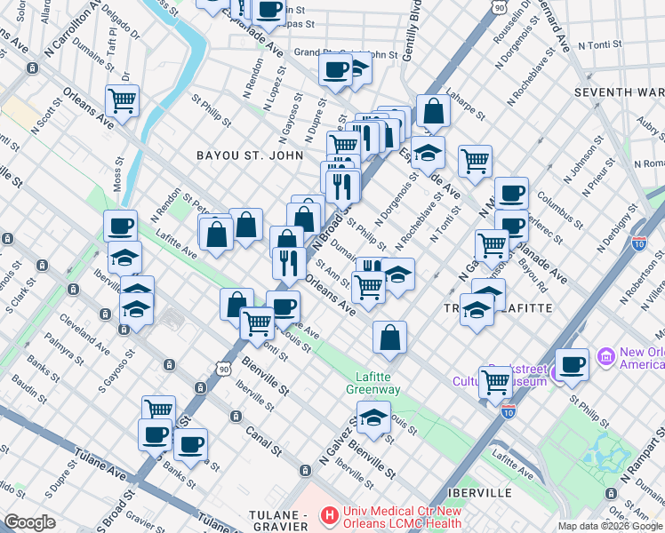 map of restaurants, bars, coffee shops, grocery stores, and more near 2630 Dumaine Street in New Orleans