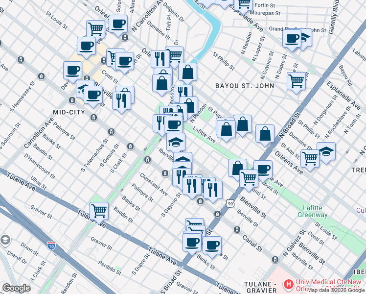 map of restaurants, bars, coffee shops, grocery stores, and more near 3211 Conti Street in New Orleans