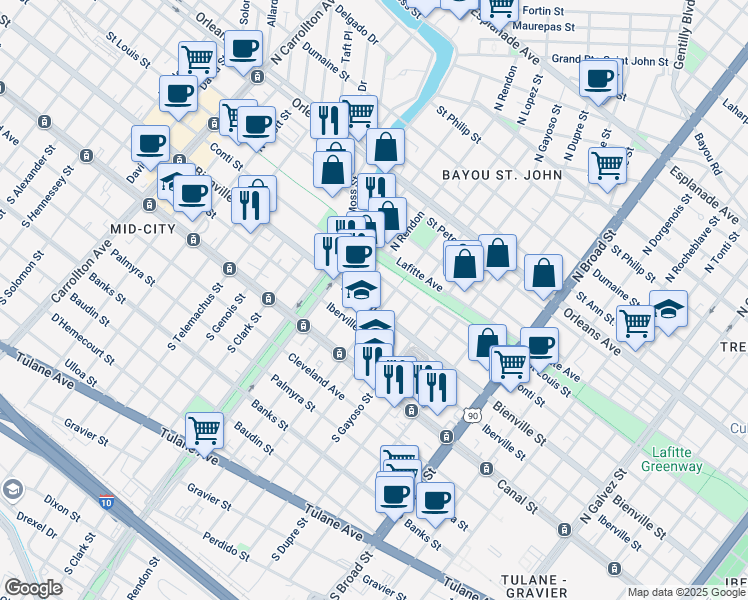 map of restaurants, bars, coffee shops, grocery stores, and more near 3211 Conti Street in New Orleans