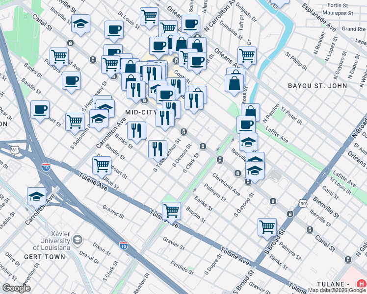 map of restaurants, bars, coffee shops, grocery stores, and more near 3720 Canal Street in New Orleans
