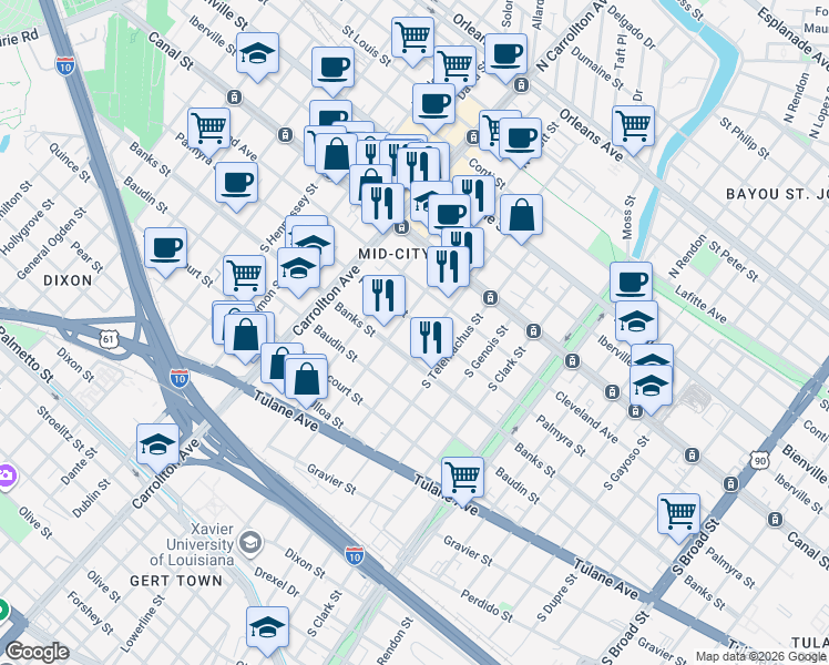 map of restaurants, bars, coffee shops, grocery stores, and more near in New Orleans