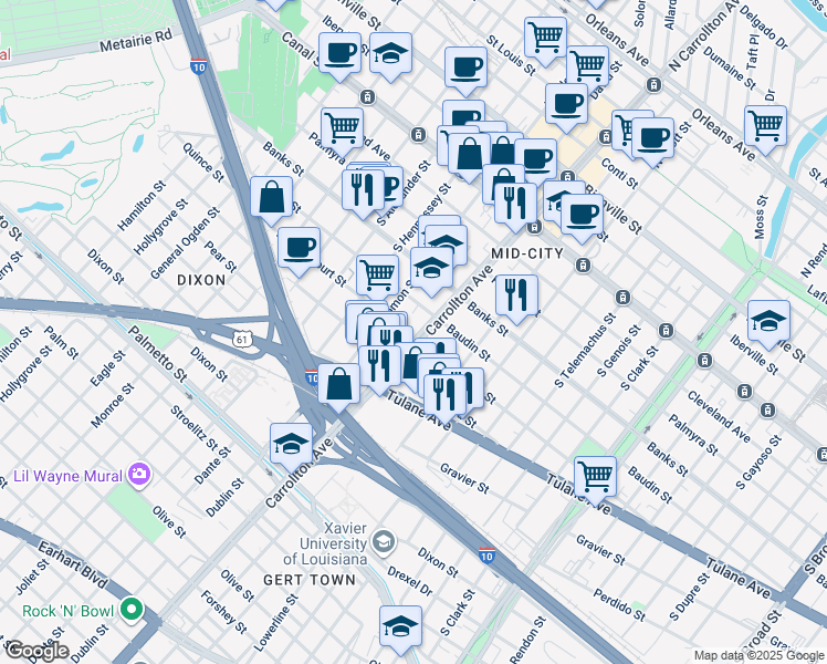 map of restaurants, bars, coffee shops, grocery stores, and more near 4120 Baudin Street in New Orleans