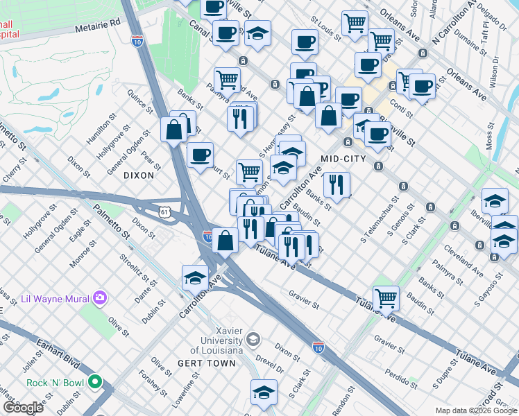 map of restaurants, bars, coffee shops, grocery stores, and more near 4210 D Hemecourt Street in New Orleans