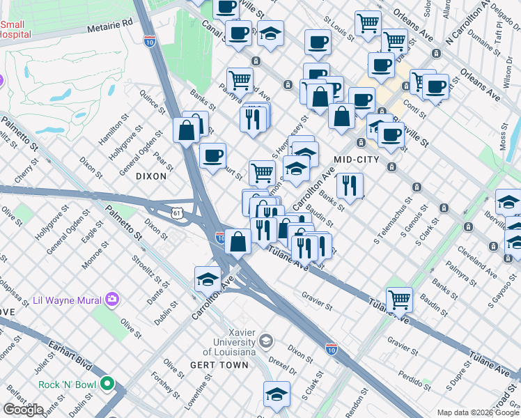 map of restaurants, bars, coffee shops, grocery stores, and more near 4210 D Hemecourt Street in New Orleans