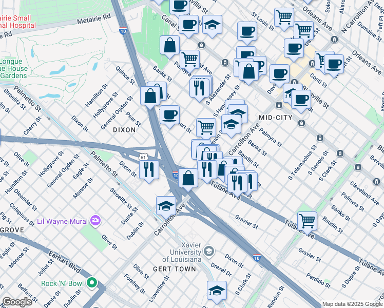 map of restaurants, bars, coffee shops, grocery stores, and more near 4313 Ulloa Street in New Orleans