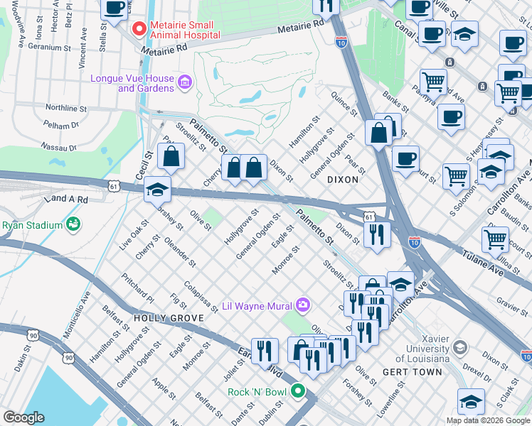 map of restaurants, bars, coffee shops, grocery stores, and more near in New Orleans
